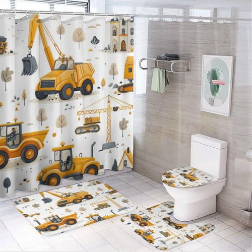 TOWINSFB 4Pcs Cartoon Excavator Vehicle Shower Curtain, Construction Truck Crane Shower Curtain Sets with Toilet Lid Cover, U-Shaped Mat and Non-Slip Rugs, Bathroom Decor Set, 72" x 72"