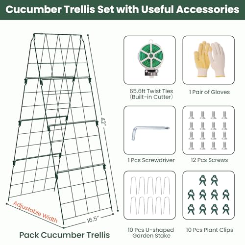 2 Pack Cucumber Trellis, 48"x16" Adjustable A-Frame Trellis for Climbing Plants, Metal Foldable Upgraded Vegetable Trellis for Raised Bed, Support for Tomatoes, Squash, Zucchini, Vegetables & Flowers by Erinaik - Image 2