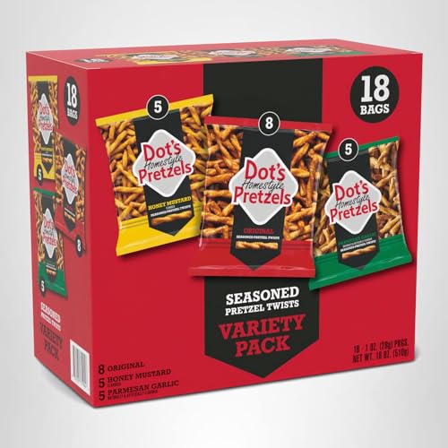 Dot's Homestyle Pretzels Variety Pack, Original, Honey Mustard, and Parmesan Garlic Twist Snack, 1oz Individually Sized Bags (18 Count)