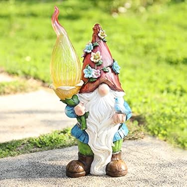 AMAZON - Ovewios Garden Gnome Statue – Large Gnomes Figurine in Red Flower Hat with Solar Light Resin Garden Decoration for Outside Patio Yard Lawn Porch Outdoor Summer Decoration Gifts