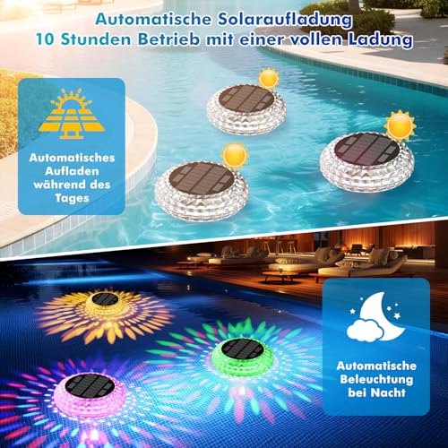 Shuniu Solar Poolbeleuchtung Unterwasser, 2 Stück Schwimmende LED Pool Licht, RGB & Warmweiß Modi, IP68 Wasserdicht, 600mAh Akku, Teichbeleuchtung für Whirlpool, Schwimmbad & Badewanne Deko
