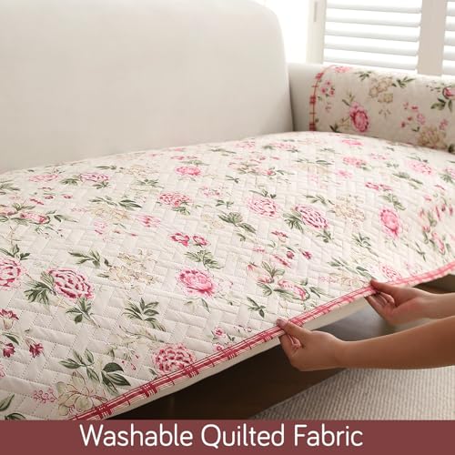 Image of HOKIPO 'HomeHues Series' Printed Quilted Sofa Seat Mat for 2 Seater Sofa with 2 Armrest Covers with Pockets, Beige Peonies (IN-807-D3 + IN-814-D3*2)