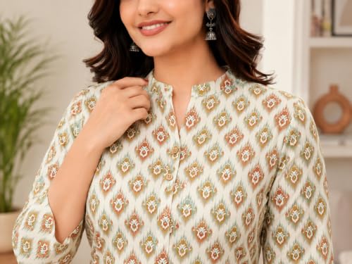 Image of Women's Floral Printed Cotton Kurti Summer Cotton Tunic Top for Girls
