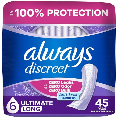Always Discreet Adult Incontinence Pads for Women, Drier, 6 Drop Long Length, Extra Heavy Absorbency, Pads for Bladder Control Management, Bladder Leaks, & Postpartum Pads, 45ct