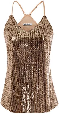 GRACE KARIN Women's Sleeveless Sparkle Shimmer Camisole Vest Sequin Tank Tops Rose Gold