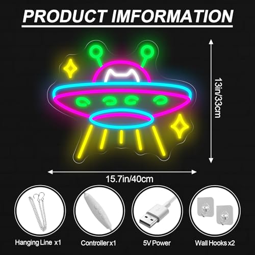 Image of UFO Neon Sign, UFO Cat Led Sign, Neon Led Wall Art, Game Room Neon Sign, Custom Neon Signs, Flying Saucer Bedroom Decor, Gift for Kids, 15.7 inchx13 inch