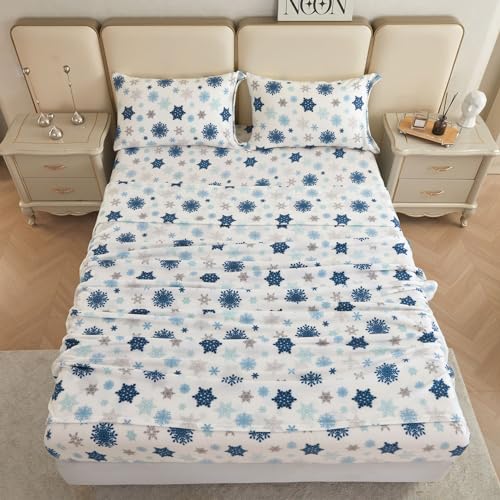 Image of Viviland Plush Christmas Holiday Micro Fleece Queen Bed Sheet Set, Soft Fuzzy Polar Fleece Velour Velvet Queen Snowflake Printed Sheets, Extra Warm Winter Fleece Bed Sheets