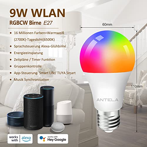 ANTELA Alexa Glühbirne E27 9W, Smart WLAN LED RGB Dimmbare Birne Lampe, App Steuern Kompatibel mit Google Home, Warmweiß (2700K) Kaltweiß (6500K), Kein Hub Benötigt, 2 Stück – Bild 3
