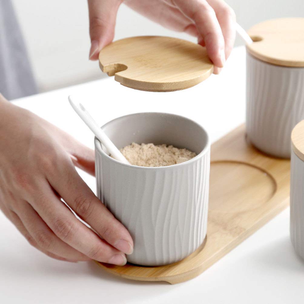 Tarro de especias de cerámica, macetas de especias con tapa, cuchara, bandeja de madera para servir en el hogar, cocina, 9,5 x 28,5 cm, color gris