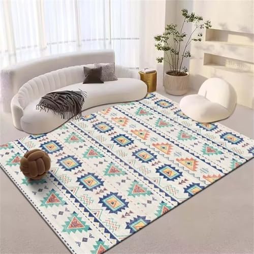 Tapis de salon géométrique bleu lavable en machine 90x160