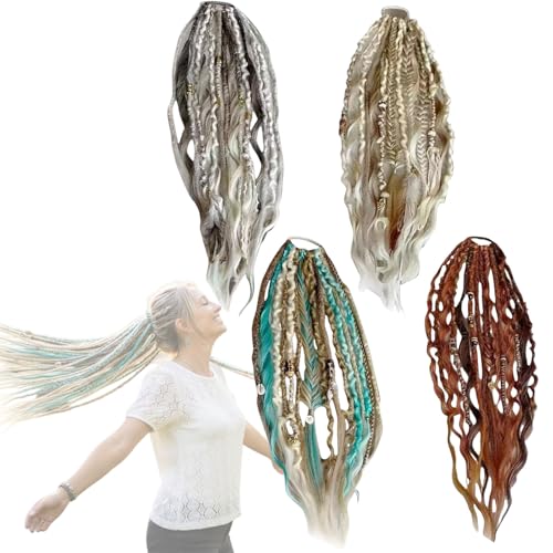 Elastic Dread Ponytail, Coda Posticcia Intrecciata Stile Boho con Perline, Extension Capelli Dreadlock Leggera con Elastico per Donna e Uomo, Uso Quotidiano e Festival (I)
