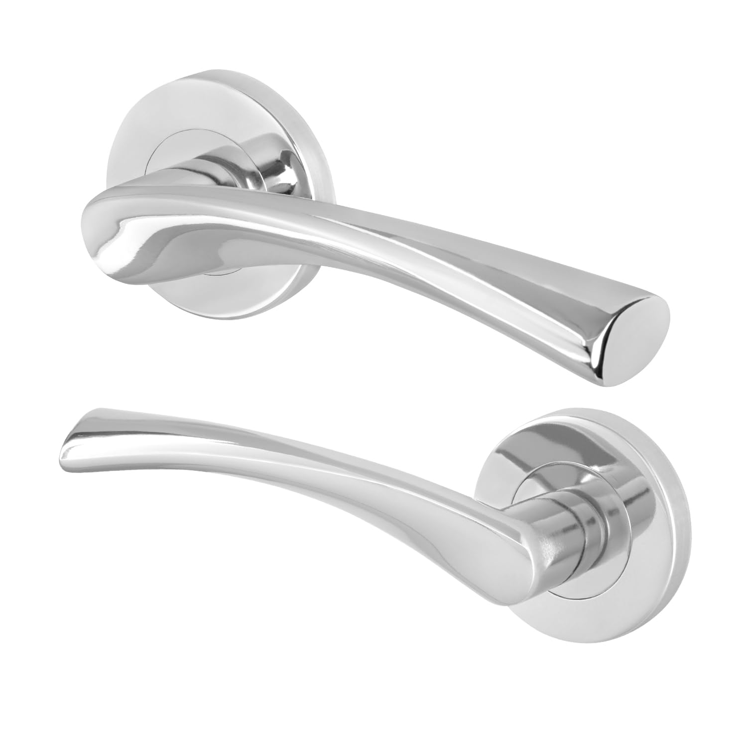EAI Chrome Fire Door Handles, 1 Pair of Lever on Round Rose Internal Door Handles, Fire Rated Novoli Range