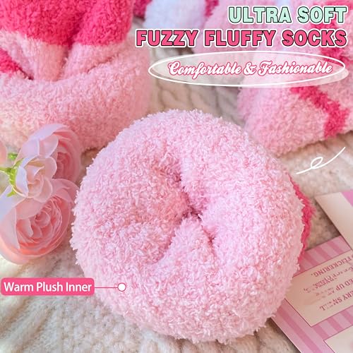 EBMORE Womens Fluffy Socks Slipper Cosy Warm Thick Winter Bed Soft Plush Cabin Socks Gift Stocking Fillers Valentines Day Gifts for Her Mum Women Ladies Pink Heart Socks