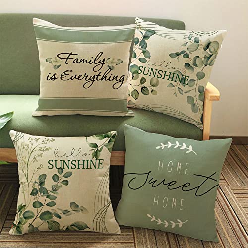Fiberomance Spring Summer Pillow Covers 18X18 Inch Set Of 4Hello Sunshine Eucalyptus Home Sweet Home Family Is Everything Decorative Throw Pillow Covers Summer Decorations Home Decor 724 #TOP4