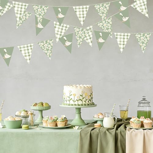 Image of 30 Ft Silly Goose Party Decorations Sage Green Buffalo Plaid Floral Daisy Pennant Banner Flag Hanging Paper Triangle Bunting for Silly Goose Birthday Wedding Shower Neutral Party Decorations Supplies