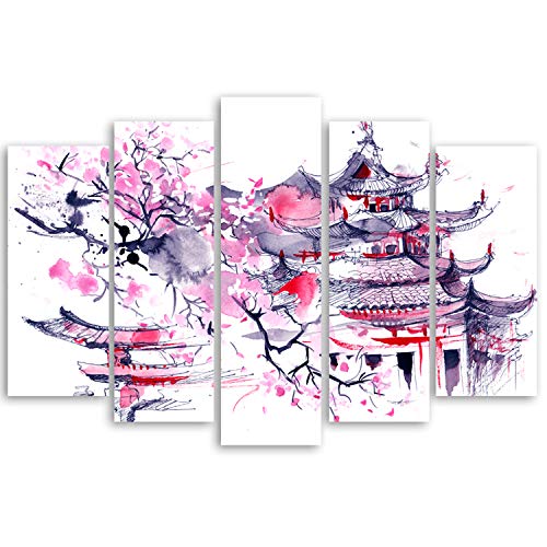 Feeby Canvas Schilderij 5-delig 100x70 Foto op Canvasdoek Abstracte Muurdecoratie Wanddecoratie Kunstprint XXL Type A Japanse Kersenboom Tempel Kersenbloesem Paars Roze - Afbeelding 3