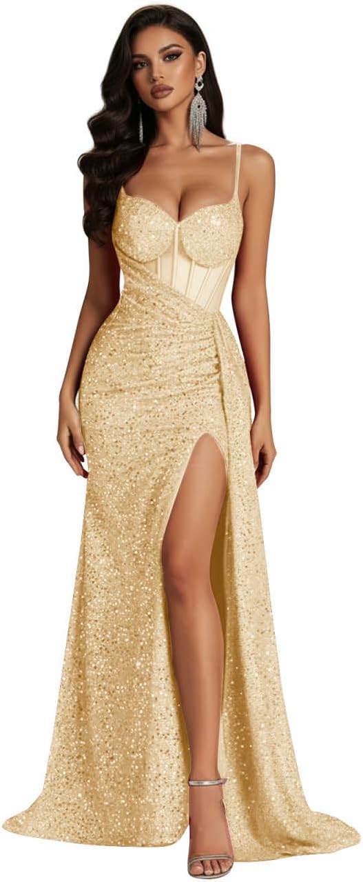 Sequin Spaghetti Straps Prom Dresses Long for Women 2026 Sweetheart Ruched Backless Evening Ball Gowns with Slit
