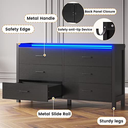 Hasuit 6 Drawer Dresser With Led Lights, Large Capacity Wooden Storage Cabinet, Chest Of 6 Drawers, Black Dresser For Bedroom, Hallway, Entryway #TOP5