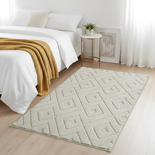 BedLooms Small Rugs for Living Room 60x110 cm Cream Hollow Square Pattern Machine Washable Bedside Area Rugs Anti Slip Carpet High and Low Pile Rug for Bedroom Kids Room Non-Shedding