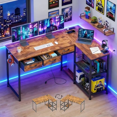Gizoon Corner Computer Desk, 53 Inch L Shaped Office Desk with Power Outlets, Drawers, Reversible Storage Shelves, CPU Stand and Hooks for Living Room, Home Office, Study, Gaming(Rustic Brow