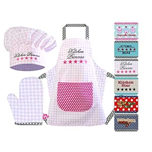 Emily’s Check chef’s hat + kitchen apron + oven glove for children – 3-piece set 1428.2002, Kitchen Princess, Medium [7-12 years]