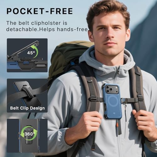 Image of M MYBAT PRO for iPhone 17 Pro Case with Belt Clip Holster,[Compatible with Magsafe] w /Screen Protector,Anti-Drop,Shockproof,w 360Rotating Kickstand,Heavy Duty Protection (Blue)