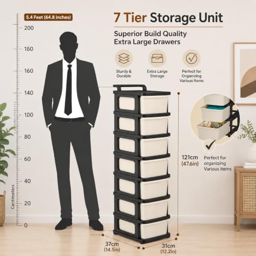 Image of Heavy Duty Plastic Storage Drawer with Wheels | Modular Cabinet for Bedroom, Office, Home or Classroom| Chest of Drawers Organiser for Cosmetics, Kitchen items, Toys (White & black, 7)