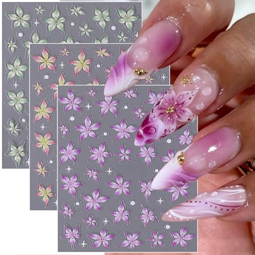 3 Sheets 5D Embossed Flower Nail Stickers Purple Green Pink Lily Nail Decals Self-Adhesive Spring Summer Floral Nail Supplies Cute Floral Nail Art Stickers for Women Nail Decorations