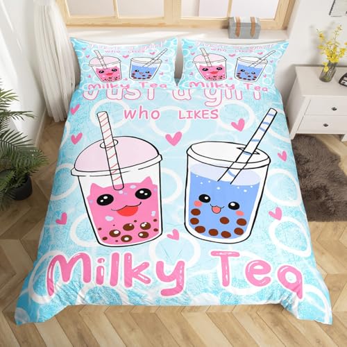 Homemissing Boba Housse de Couette Boba Sets de Housse de Couette Kawaii Bubble Thé Stuffed Parure de Lit 140x200cm pour Cartoon Boba Parure Housse de Couette Fermeture à glissière