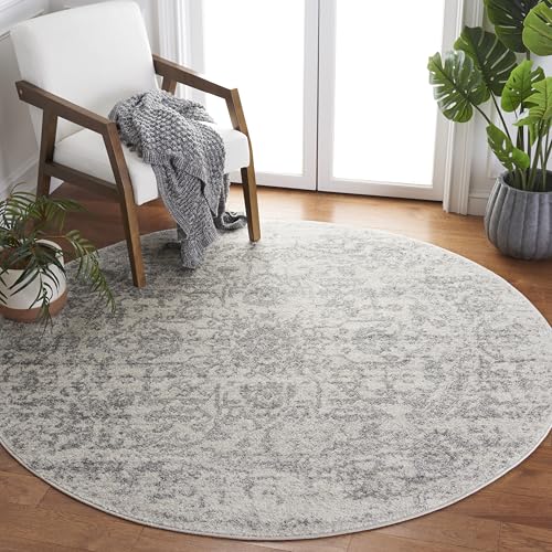 SAFAVIEH Madison Collection Area Rug - 8' Round, Silver & Ivory, Snowflake Medallion Distressed Design, Non-Shedding & Easy Care, Ideal for High Traffic Areas in Living Room, Bedroom (MAD603G)