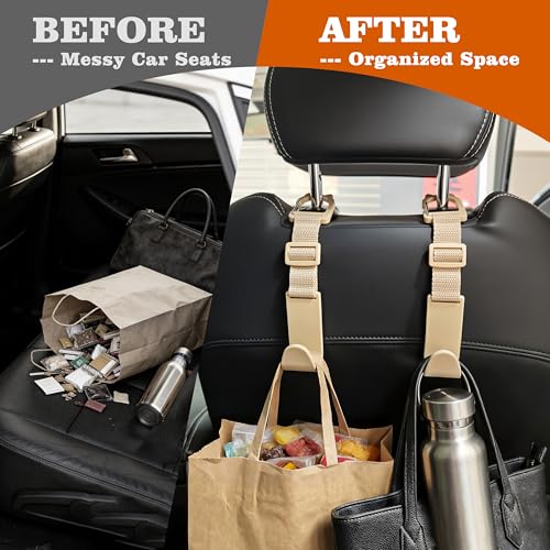 Image of Amooca Anti-drop Car Headrest Hooks 4 Pack Seat Organizer for Bags | Universal Fit Cars SUV Truck, Adjustable, Holds Backpack Water Bottle Handbags Groceries, 40lb Heavy Duty, Clip Design