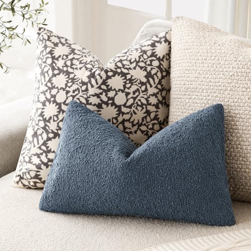 Image of Foindtower Pack of 2 Textured Boucle Throw Pillow Covers Accent Solid Decorative Lumbar Pillow Cases Cozy Couch Cushion Case for Chair Sofa Bedroom Living Room Home Decor 12x20 Inch Dark Blue