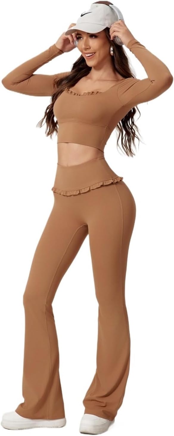 Workout Sets for Women 2Pcs Gym Yoga Female Outfit Outdoor Sports Quick-Dry Long-Sleeved Shirt Set Two-Piece Suit Sportswear