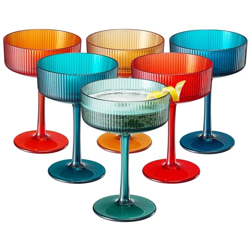 Khen Retro Acrylic Ribbed Glasses, Set of 6, 10oz Multicolor Shatterproof Stemware Coupe Tumblers Martini Champagne Cocktail Dessert Drinkware, Poolside Wedding Brunch Party Entertaining Gift by Khen - Used condition - Image 9