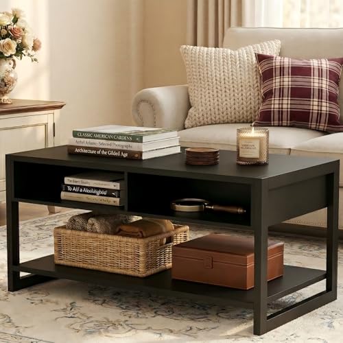 Image of Multi-Functional Coffee Table with Foot-Sensor Light, 2 Large Drawers & Open Shelf, Sturdy Frame Versatile Coffee Table with Vintage Metal Handle for Living Room /Office /Outdoor Patio