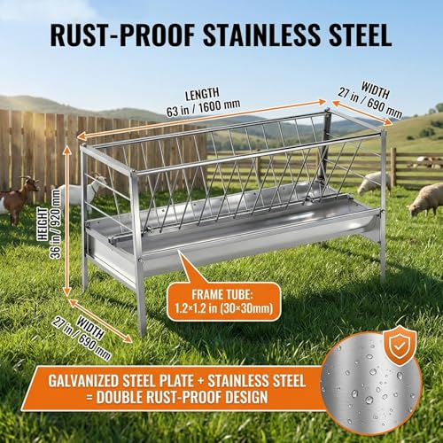 Goat Hay Feeder, 94-Gallon Capacity|8.0\'\' Deeper Feeding Pan, 3 in 1 Grain|Water|Hay Feeder, Stainless Steel Goat Feeder, 59\" Long Livestock Hay Rack for Goats, Sheep, Cow, Horse