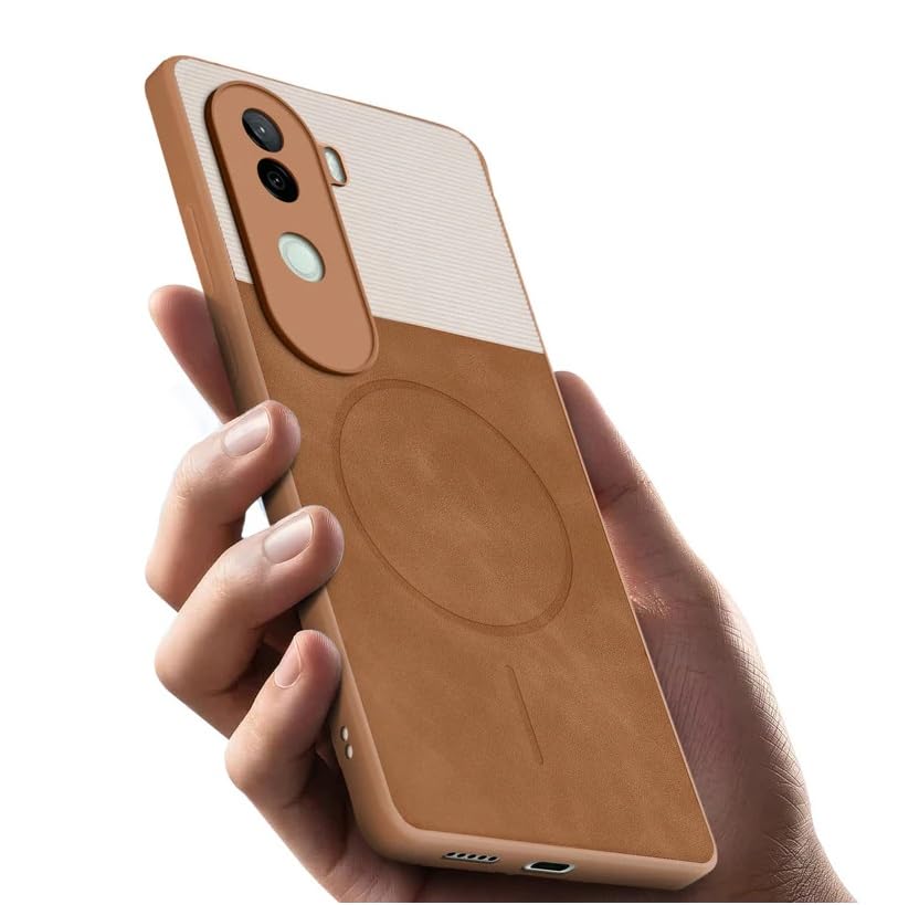 Image of Bintage CASE Mac Safe Design Hard Light Weight Back Case | Soft Border Camera Protect | Dual PU Leather Finish Back Cover Compatible for iQOO Z9s 5G - White & Brown