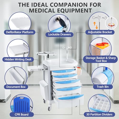 Kalolary Medizinischer Notfallwagen Wagen mit ABS Material, Labor Utility Wagen mit 5 Schubladen und 4 leisen Rädern,Laborrollwagen mit 2 Mülleimern für Labor, Klinik, Krankenhaus, Salon