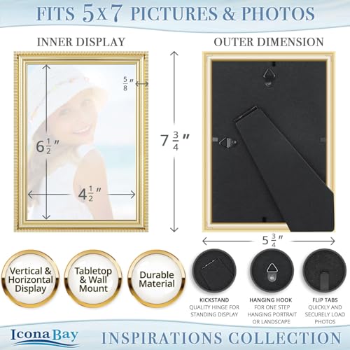 Icona Bay 5x7 Picture Frames (Gold, 6 Pack), Beautifully Detailed Molding, Contemporary Picture Frame Set, Wall Mount or Table Top, Inspirations Collection by Icona Bay - Image 2