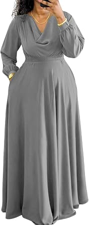 Womens Elegant Long Sleeve Maxi Dress Cowl Neck Draped Collar Solid Flowy A Line Casual Party Dresses