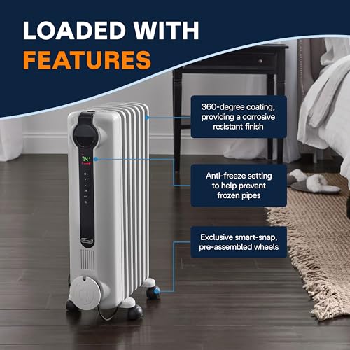De'Longhi Oil-Filled Radiator Space Heater, Full Room Quiet 1500W, Adjustable Thermostat, 3 Heat Settings, Digital Timer, ECO Energy Saving Mode, Safety Features, Light Gray, Radia S TRRS0715ECA by De'Longhi - Image 3