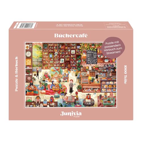 Büchercafé – Puzzle 1000 Teile inkl. passendem Hörbuchlink zum Streamen, für Erwachsene & Kinder ab 14, Premium Puzzleteile, plastikfrei verpackt, Made in Germany | Junivia