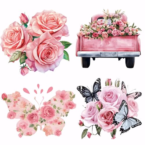 SUPERDANT 4PCS Pink Roses Iron on Transfer Paper Butterfly Flowers Heat Transfer Sticker Valentine's Day Iron on Decals for T Shirts DTF Transfers Ready to Press for Clothing Hoodie Jackets DIY Gift
