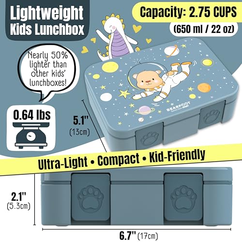 Image of BEARFOOT Kids Lunch Box with Compartments - Compact & Lightweight | Leak-Proof, BPA-Free, Dishwasher Safe | Hand-Drawn Design for Preschool, School, Travel (Astro Bear Blue, 2.75 Cups)
