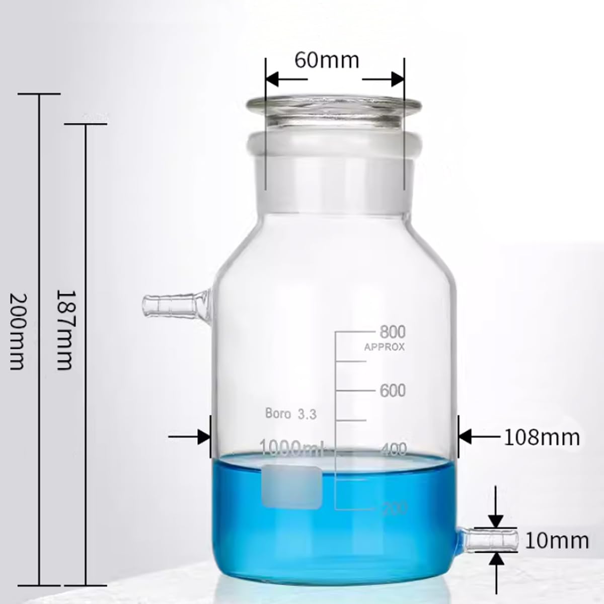 Botella de reactivo de desviación de vidrio de borosilicato, botella de almacenamiento de vidrio transparente de boca ancha, con tapón de vidrio esmerilado y dos cabezas de pagoda. (1000ML)