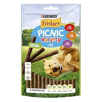 PURINA FRISKIES Picnic Variety 5 Promesse Snack per Cani Adulti con Manzo, Pollo e Agnello 8 Confezioni da 100g