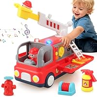 JONEG Car Toys for 3+ Year Old Boys: Fire Engine Toys for Kids with Light & Sound, Gifts for Age 1 2 3 4 5 6 Years Old Kids Birthday Presents Toy, Educational Fire Truck Transport Playset for Toddlers