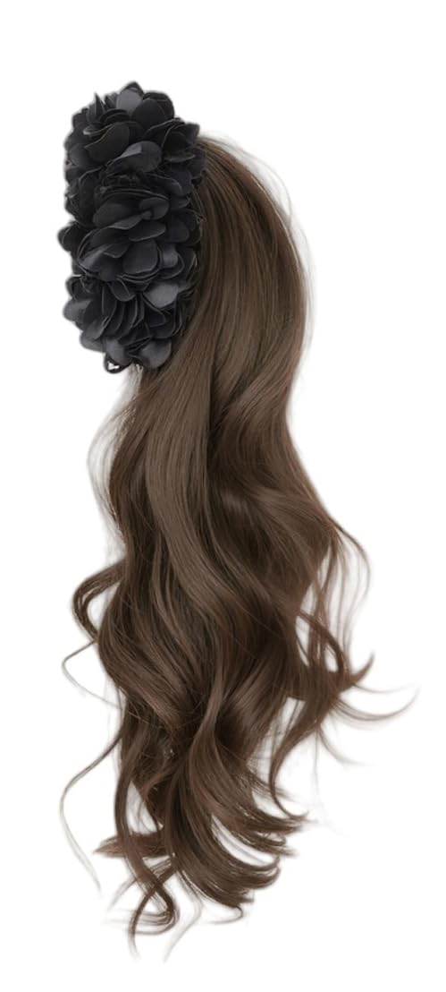 Long Ponytail Claw Clip Ponytail Extension Long Curly Hair with Flower Bowknot Synthetic Fiber Hairpiece for Women (Cool Brown-Bowknot)