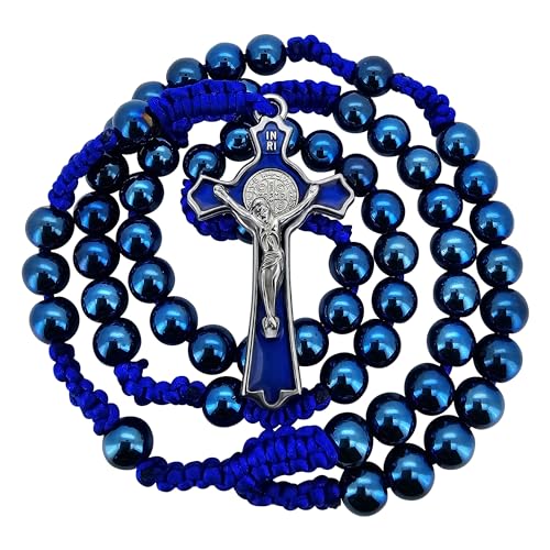 TALISMAN4U Colar de terço católico com contas de hematita azul de 8 mm para homens, crucifixo, medal