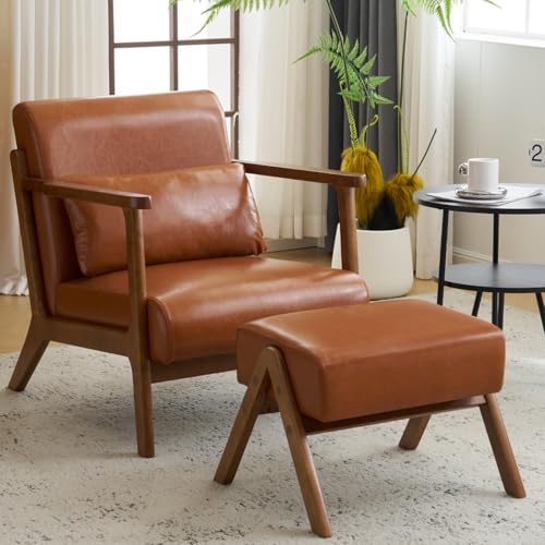 MOJAY Modern Accent Chair with Ottoman, PU Leather Upholstered Armchair Living Room Chair for Bedroom, Balcony, Reception